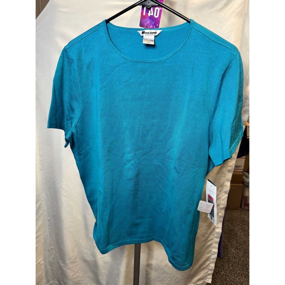 041 Nygard Collection Turquoise Silk Blend Short Sleeve Knit Top Crew Neck L NWT